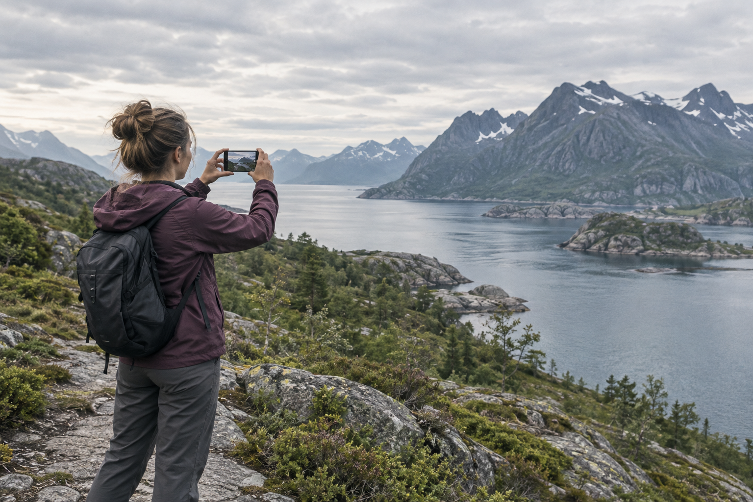 En turgåer fotograferer fjorden med mobilen sin.